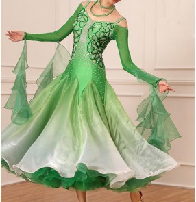 Custom size Green gradient competition ballroom dancing dresses for women girls bling handmade professional stage performance ballroom dancing skirts