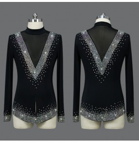 Custom Size Handmade Black Rhinestones Competition Ballroom Latin Dance Shirts for Men Youth Preteen Ballroom Performance Long Sleeves Tops 