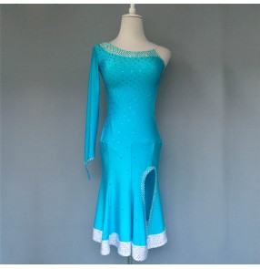 Custom size handmade competition blue colored latin dance dresses for women girls salsa chacha dance dress