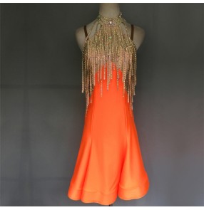 Custom size handmade competition stage performance orange women's girls latin dance dresses rumba samba chacha dance dress