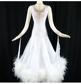 Custom size handmade competition white red rhinestones ballroom dance costumes for women female Waltz skirt dress Ballroom dancing skirt National Standard Dance dresses