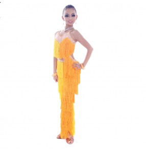 Custom size handmade girls women competition latin dress orange black tassels diamond latin salsa samba dance dresses tops and fringes pants