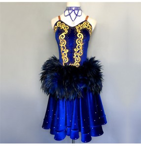 Custom size handmade kids girls Women's feather latin dance dresses royal blue pink velvet samba chacha rumba dance dress skirts