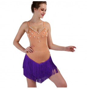 Custom size handmade latin dress for women girls flesh with violet tassels handmade competition salsa rumba chacha dancing dresses