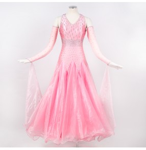 Custom size handmade light pink rhinestones ballroom competition stage performance waltz dancing dresses