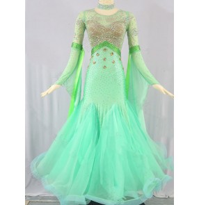 Custom size handmade Mint green competition ballroom dance dresses for women girls professional  feather rhinestones ballroom dance costumes waltz tango dance dresses for female