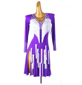 Custom size handmade puplr violet flesh color competition latin dance dresses for women girls kids salsa rumba cha cha performance dress ballroom dance outfits for female