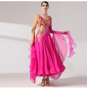 Custom size kids adult hot pink fuchsia rhinestones competition ballroom dance dresses for women girls modern waltz tango foxtort dance long dresses