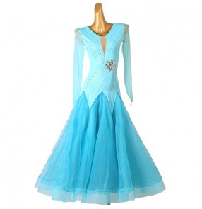 Custom size kids girls children women turquoise competition ballroom dance dress stage performance waltz tango foxtrot smooth dance long dress for female