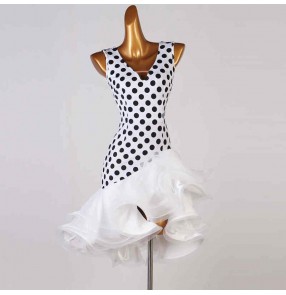 Custom size Kids Girls Competition White polka Dot Latin dance dresses ruffles skirts salsa rumba chacha latin dance outfits for children