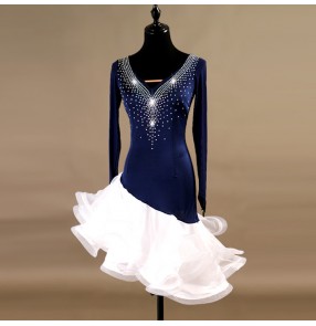 Custom size latin dress navy and white for women girls stage performance ballroom rumba samba chacha dance dresses costumes