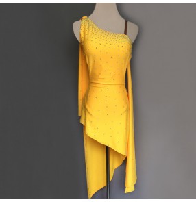Custom size latin dresses for women girls yellow competition stage performance diamond salsa rumba chacha dance dresses