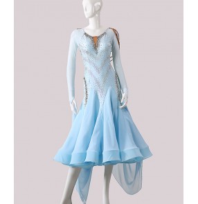 Custom size light blue competition ballroom dance dresses for women girls kids with diamond professional waltz tango flamenco dance long dresses