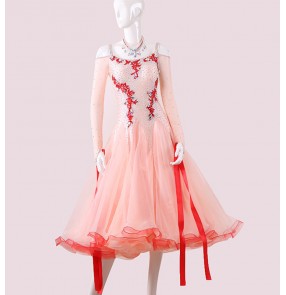 Custom size light orange pink competition ballroom dance dresses for women girls kids Competition waltz tango flamenco dance foxtrot smooth dance performance dress