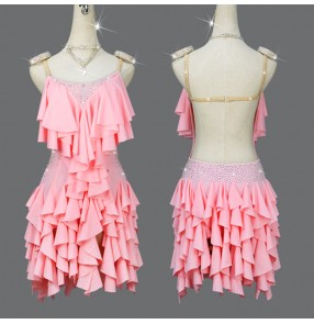 Custom size light pink competition ruffles fringe latin dance dresses for women girls kids salsa ballroom latin performance outfits 