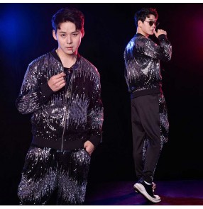 Custom size men boy silver black sequined jazz dance costumes stage performance singers gogo dancers drummer model performance clothes hiphop street dance outfits coat and harem pants