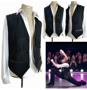 Custom size Men's latin dance Ballroom dance white body shirt black fringed vest ballroom tango waltz dance professional competition dance clothes