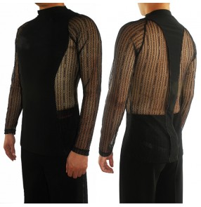 Custom size Men's youth striped lace ballroom Latin Dance Shirts High neck long Sleeves Salsa Ballroom performance tops 