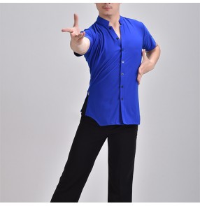 Custom size men short sleeves royal blue white black latin dance shirts ballroom dance tops plus size waltz tango dance shirts for male