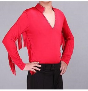 Custom size Men Youth royal blue black red yellow tassels latin ballroom dance shirts modern dance fringed body top ballroom competition boy kids latin performance clothing