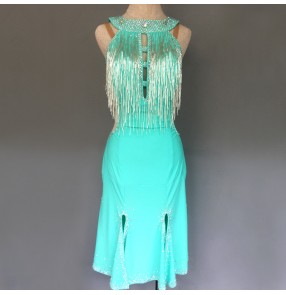 Custom size mint colored competition fringed diamond competition latin dance dress for women girls kids professional salsa rumba tassels modern dance costumes for woman