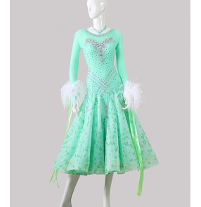 Custom size mint colored competition white feather diamond ballroom dance dresses for women girls waltz tango flamenco ballroom dancing long dresses