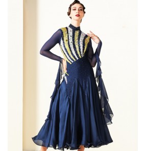 Custom size navy blue competition ballroom dance dresses for women girls bling handmade waltz tango foxtrot smooth standard ballroom dance dress