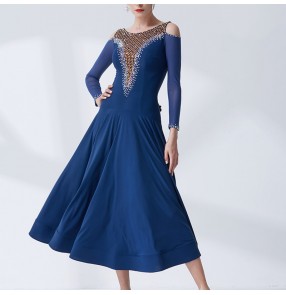 Custom size navy sparkle ballroom dancing dresses for women girls hollow shoulder waltz tango foxtrot smooth dancing long dress for woman