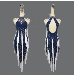 Custom size navy with white tassels competition latin dance dresses for women girls backless gemstones salsa chacha rumba stage performance costumes for lady