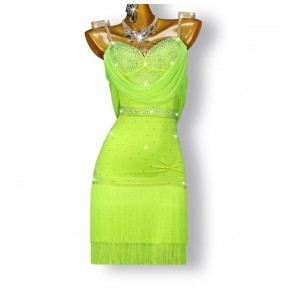 Custom size neon green competition tassels latin dance dresses for women girls kids ballroom salsa chacha dancing outfits for female