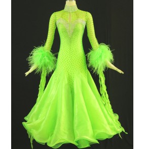 Custom size Neon Green diamond competition ballroom dance dresses for women girls waltz tango standard foxtrot smooth feather bling ballroom dance dresses 