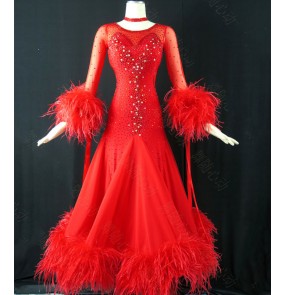 Custom size neon green red competition ballroom dance dresses for women girls handmade ballroom waltz tango smooth standard foxtrot Ostrich feather dance dress for female 