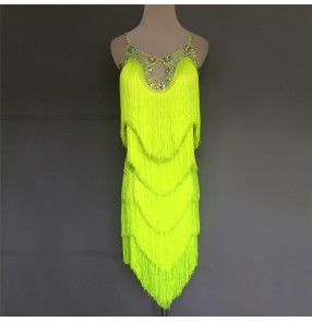 Custom size Neon green tassels women's competition latin dance dresses salsa rumba chacha dance dress costumes