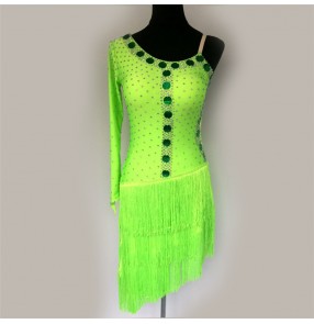 Custom size neon green women's girls tassels competition latin dance dresses salsa rumba chacha dance dresses