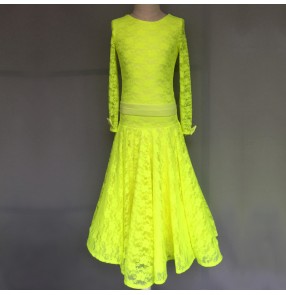 Custom size Neon yellow lace long sleeves ballroom dancing dress for girls kids