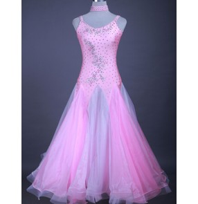Custom size pink ballroom dance dresses for girls women's waltz tango flamenco competition stage performance big skirted dresses