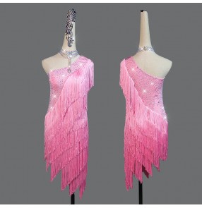 Custom size pink competition latin dance dress for women girls kids professional one shoulder slant neck salsa latin performance fringed costumes for female