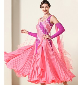 Custom size pink diamond competition professional ballroom dance dresses for women girls waltz tango dance foxtrot standard smooth dance dresses