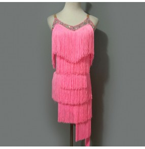 Custom size pink fringed latin dance dresses for women girls kids rumba salsa ballroom layers of tassels stage performance dress for woman