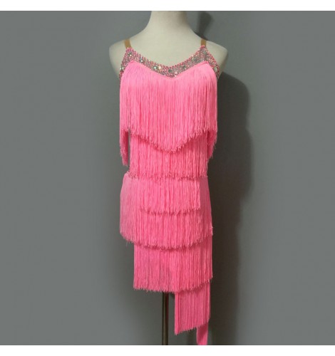 Custom size pink fringed latin dance dresses for women girls kids rumba ...