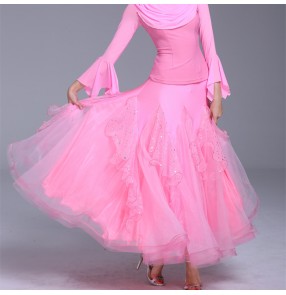 Custom size pink red orange ruffles ballroom dance skirts for women girls competition stage performance waltz tango foxtort smooth dance skirts