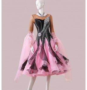 Custom size pink with black competition ballroom dance dress with gemstones for women girls children waltz tango professional ballroom dancing long dresses