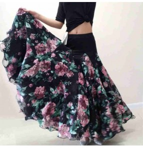 Custom size pink with black rose flowers ballroom dance skirts for women flamenco waltz tango dance skirts gown for female 