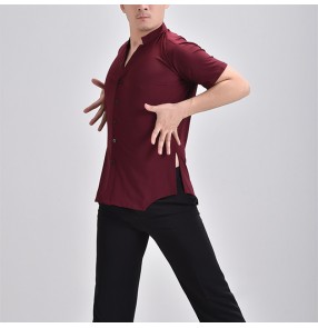 Custom size plus size men wine colored ballroom latin dance shirts short sleeves v neck flamenco waltz tango dance tops for male 