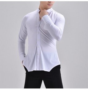 Custom size plus size white long sleeves latin ballroom dance shirts for men male stage performance flamenco waltz tango dance tops 