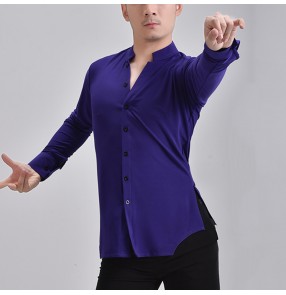 Custom size purple color men latin dance shirts long sleeves v neck ballroom waltz tango dance tops flamenco stage performance dance shirts for male