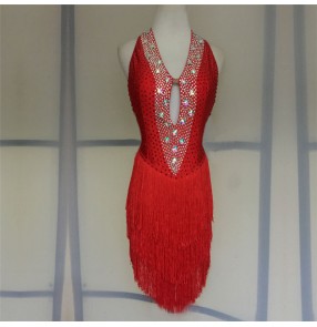Custom size red colored women girls competition latin dance dresses