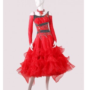 Custom size red competition ballroom dance dresses with diamond for women girls kids ballroom waltz tango flamenco dancing long bling dresses