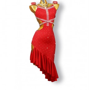 Custom size red competition rhinestones latin dance dresses for girls kids women professional salsa rumba cha cha ballroom dance outfits for female