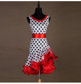 Custom size red fuchsia with white polka dot girls kids latin dance dresses ruffles irregular skirts latin dance costumes for children girl
